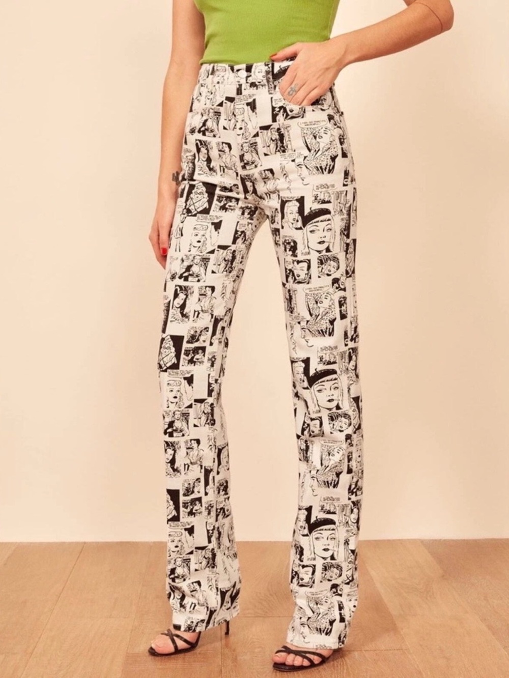 REFORMATION Comic Newsprint High Rise Straight Jeans, Size 24